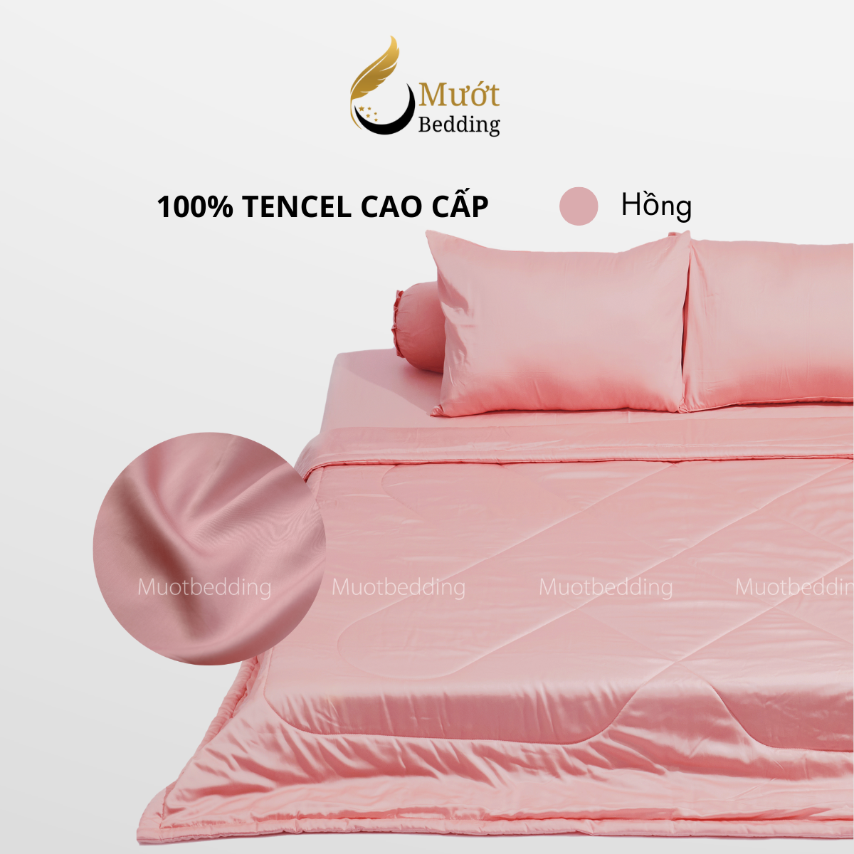 Bộ chăn ga gối lụa 100% Tencel 60s trơn màu - Mướt Bedding, bộ 5 món kèm chăn chần cao cấp