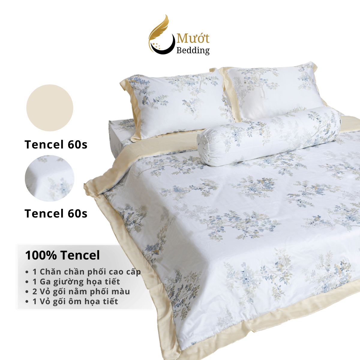 Bộ ga giường Mướt bedding chất liệu lụa Tencel bộ 5 món gồm chăn cao cấp đầy đủ size giường