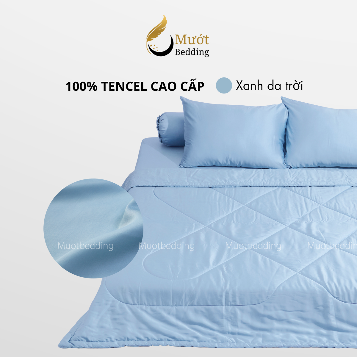 Bộ chăn ga gối lụa 100% Tencel 60s trơn màu - Mướt Bedding, bộ 5 món kèm chăn chần cao cấp