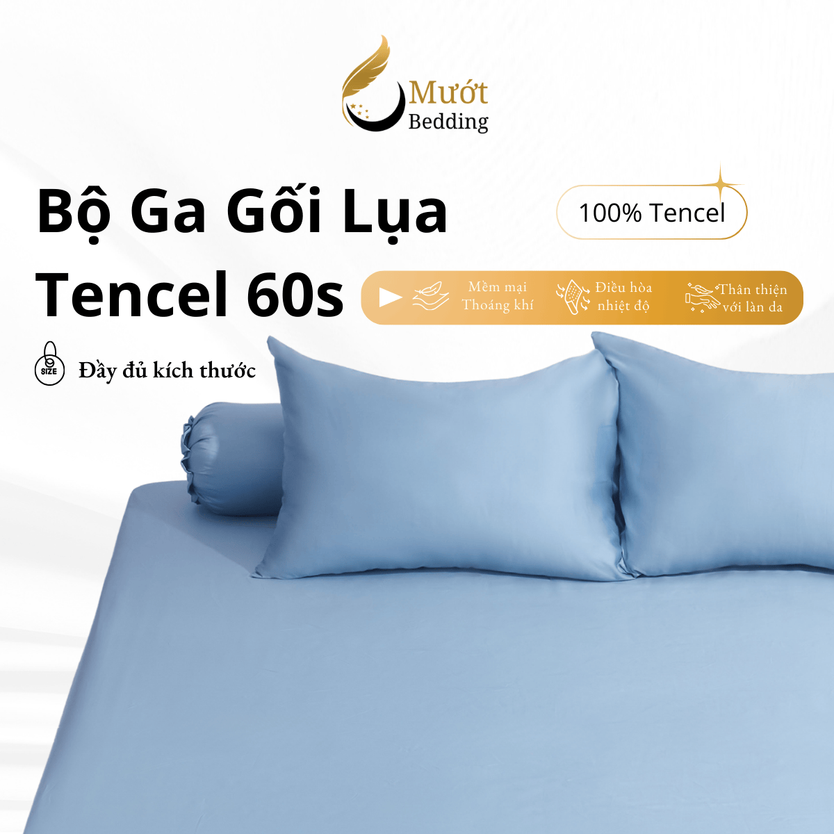 Bộ ga gối 4 món Lụa Tencel Mướt Bedding cao cấp trơn màu, set gồm 1 ga giường bo chun, 2 vỏ gối nằm và 1 vỏ gối ôm