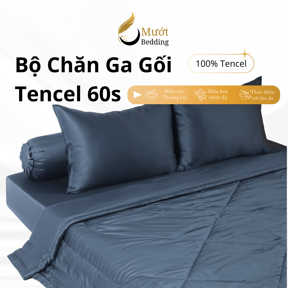 Bộ chăn ga gối lụa 100% Tencel 60s trơn màu - Mướt Bedding, bộ 5 món kèm chăn chần cao cấp