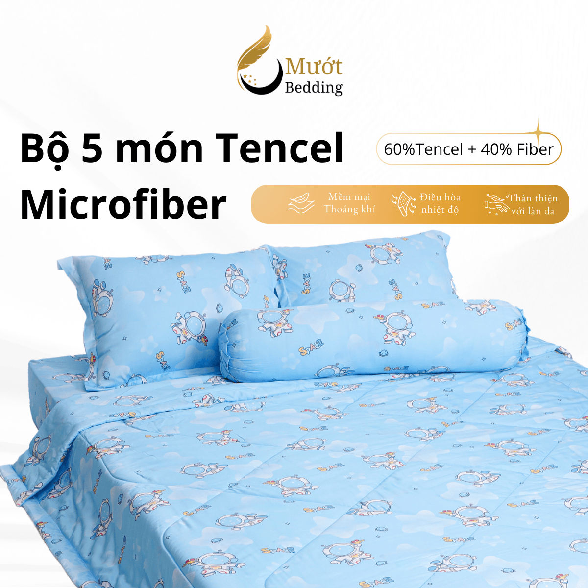 Bộ chăn ga gối 5 món cao cấp Mướt Bedding chất liệu lụa Tencel microfiber đủ size, chăn chần bông