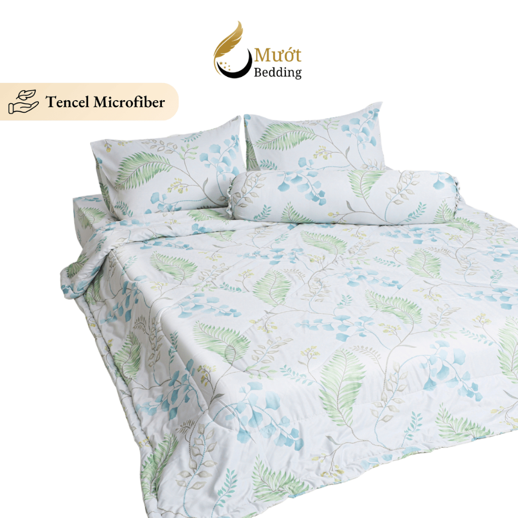 Bộ chăn ga gối 5 món cao cấp Mướt Bedding chất liệu lụa Tencel microfiber đủ size, chăn chần bông