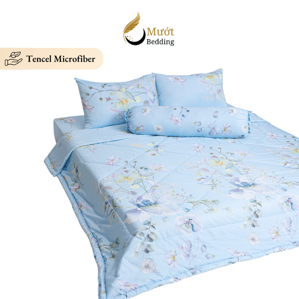 Bộ chăn ga gối 5 món cao cấp Mướt Bedding chất liệu lụa Tencel microfiber đủ size, chăn chần bông