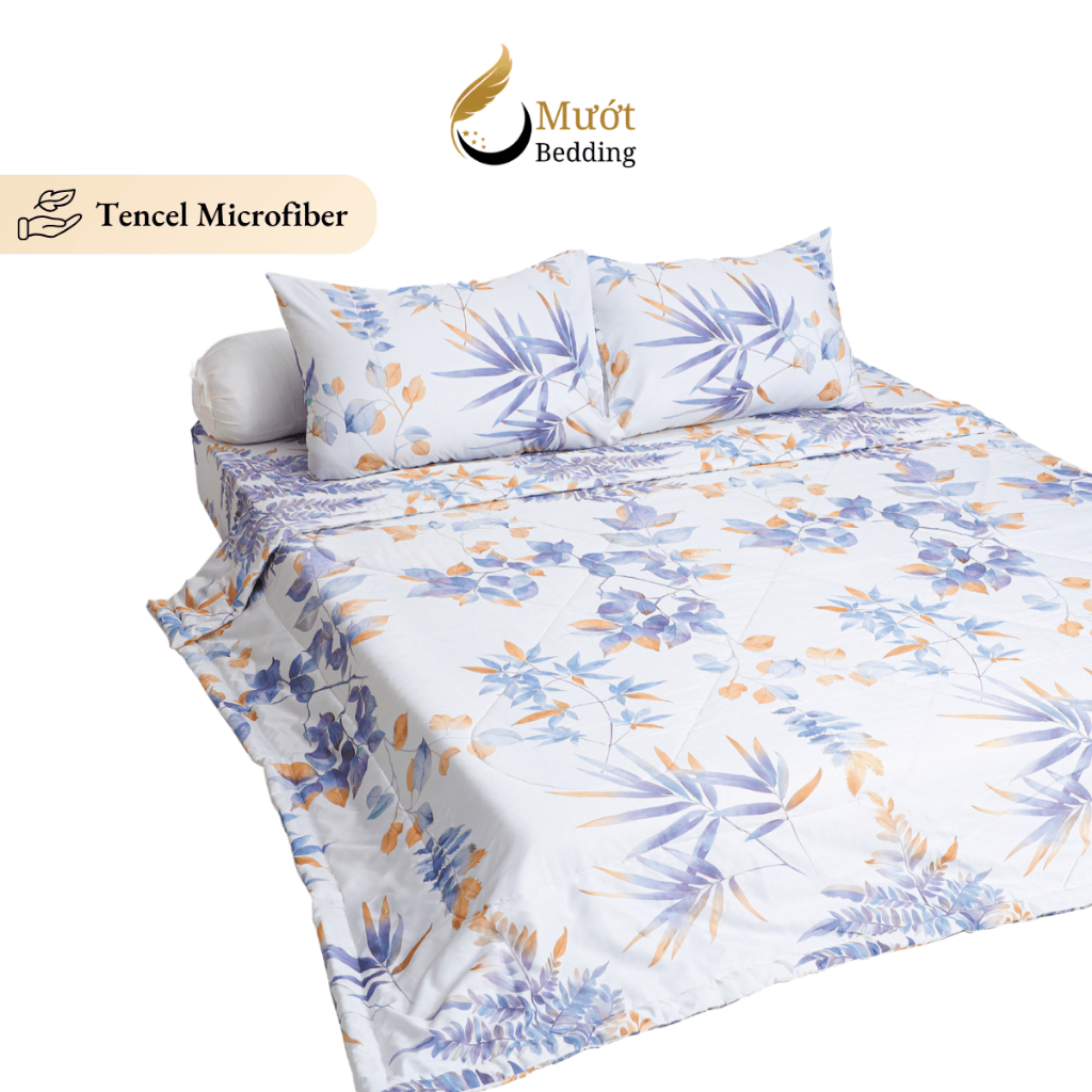 Bộ chăn ga gối 5 món cao cấp Mướt Bedding chất liệu lụa Tencel microfiber đủ size, chăn chần bông