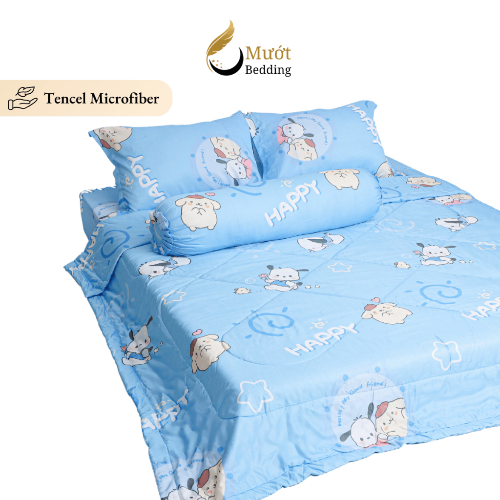 Bộ chăn ga gối 5 món cao cấp Mướt Bedding chất liệu lụa Tencel microfiber đủ size, chăn chần bông