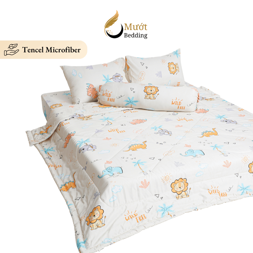 Bộ chăn ga gối 5 món cao cấp Mướt Bedding chất liệu lụa Tencel microfiber đủ size, chăn chần bông