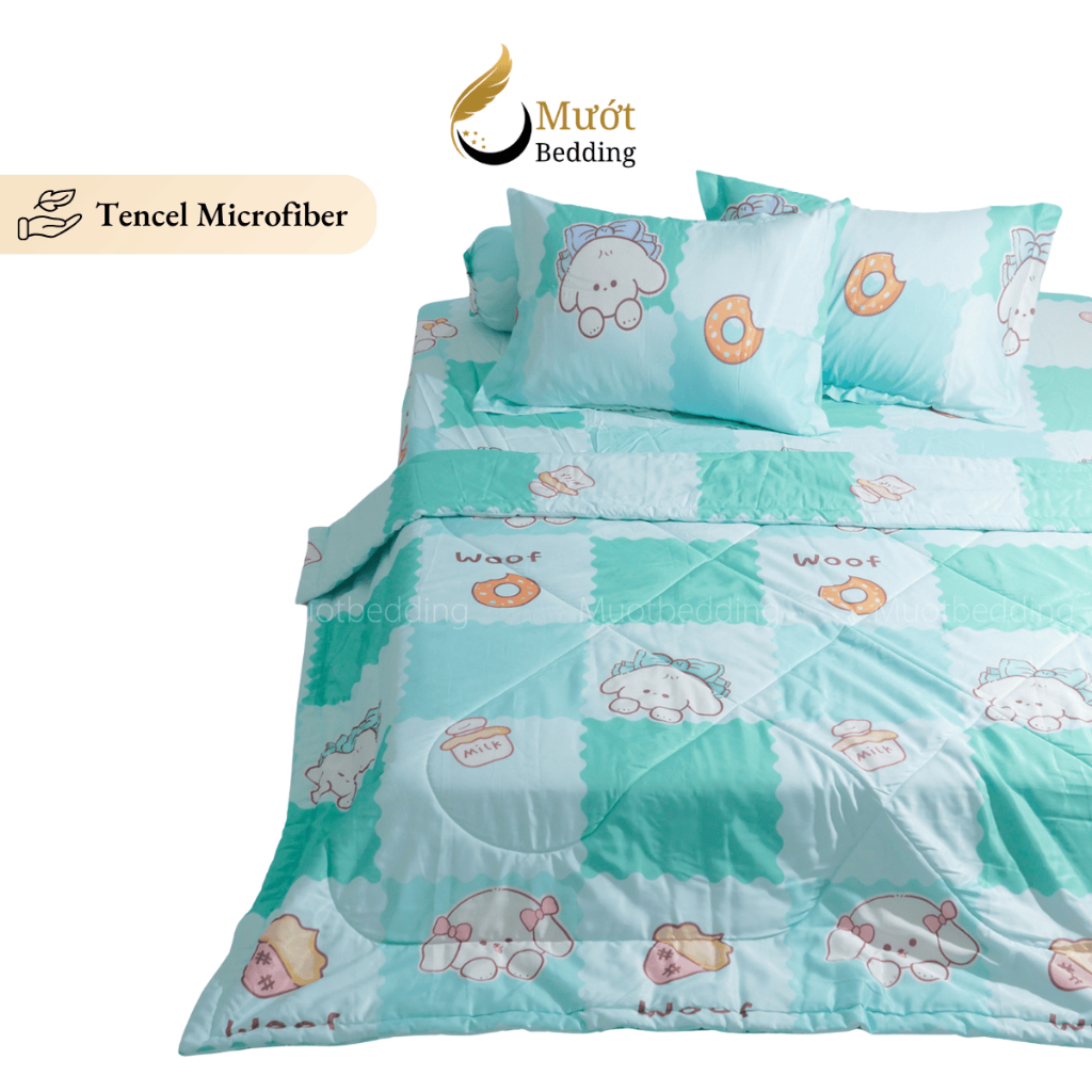 Bộ chăn ga gối 5 món cao cấp Mướt Bedding chất liệu lụa Tencel microfiber đủ size, chăn chần bông