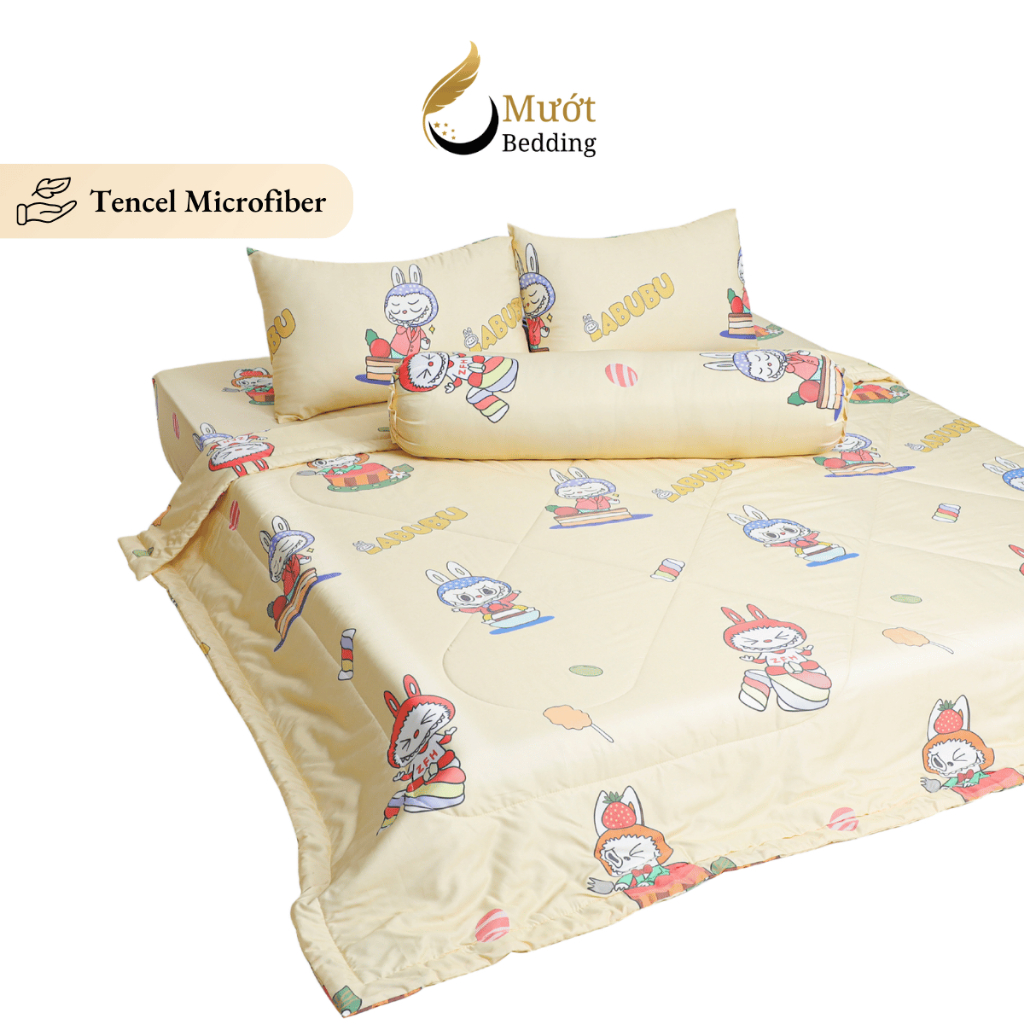 Bộ chăn ga gối 5 món cao cấp Mướt Bedding chất liệu lụa Tencel microfiber đủ size, chăn chần bông