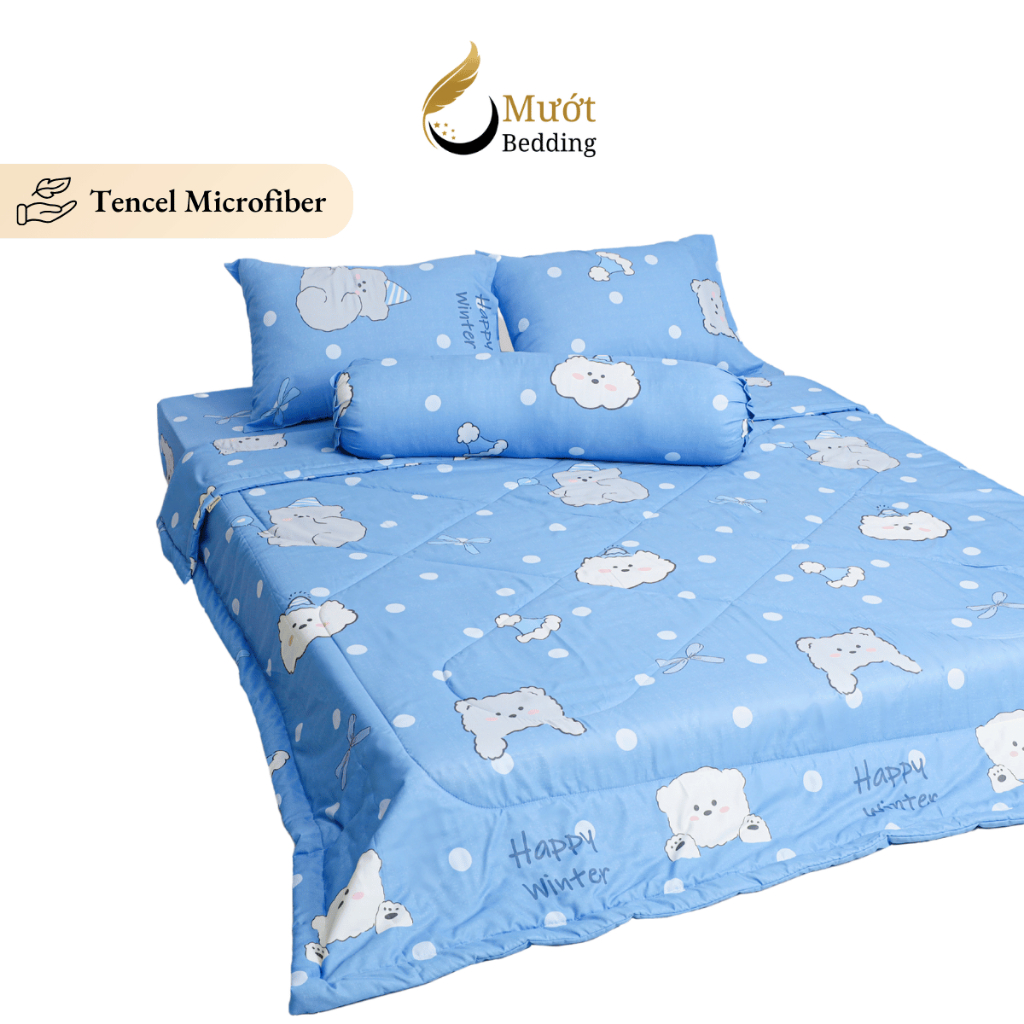 Bộ chăn ga gối 5 món cao cấp Mướt Bedding chất liệu lụa Tencel microfiber đủ size, chăn chần bông