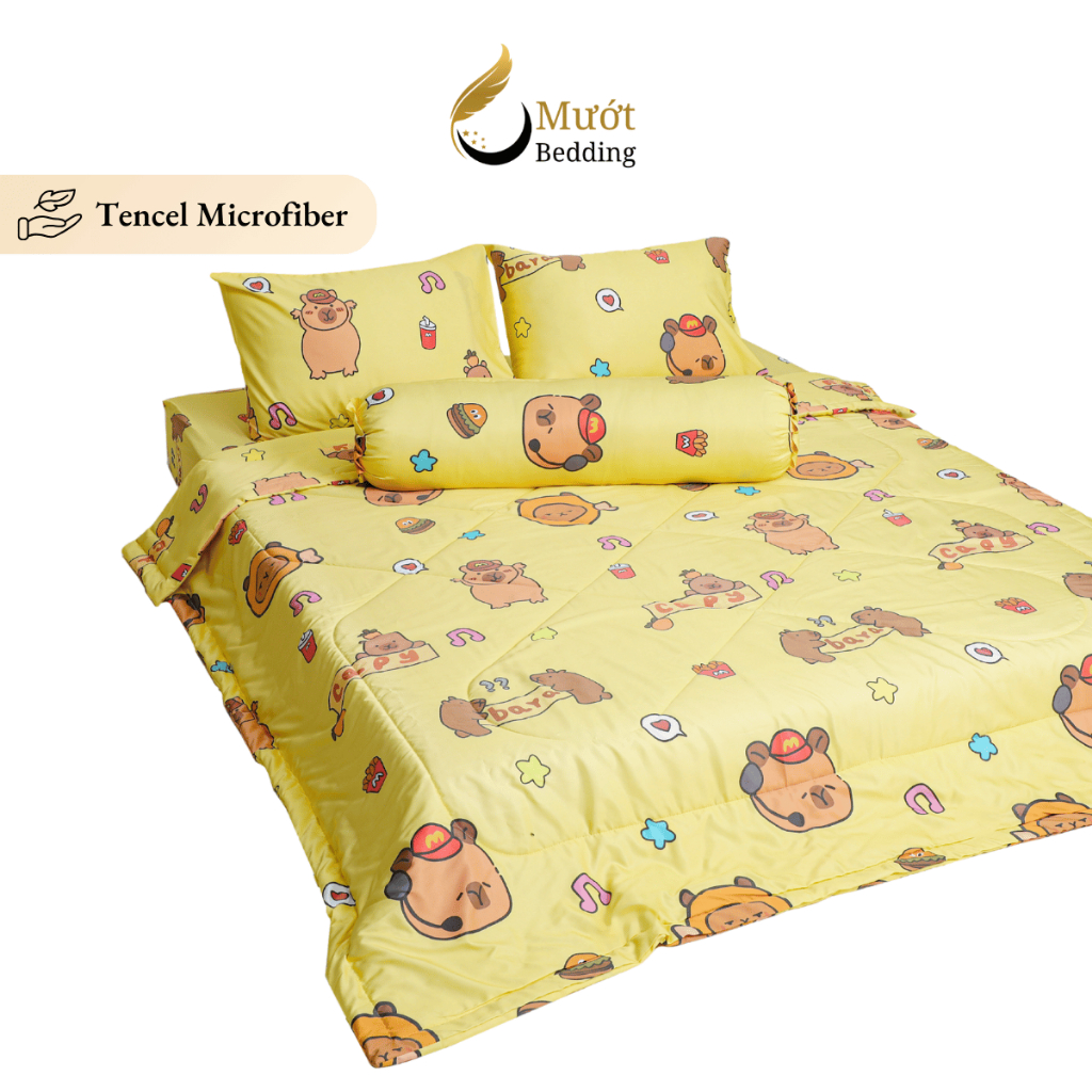 Bộ chăn ga gối 5 món cao cấp Mướt Bedding chất liệu lụa Tencel microfiber đủ size, chăn chần bông