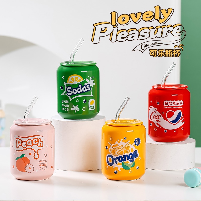 Cốc Sứ Hình Lon Nước Có Nắp Đậy Kèm Ống Hút 4