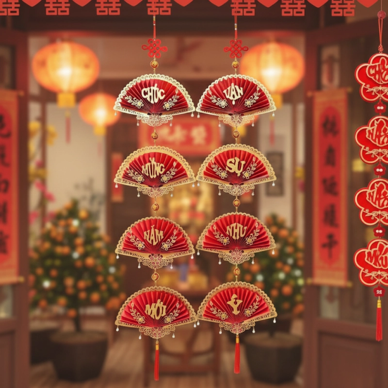 Dải 4 Cái Liễn Treo Hình Quạt Viền Hoa Văn Trang Trí Tết 4