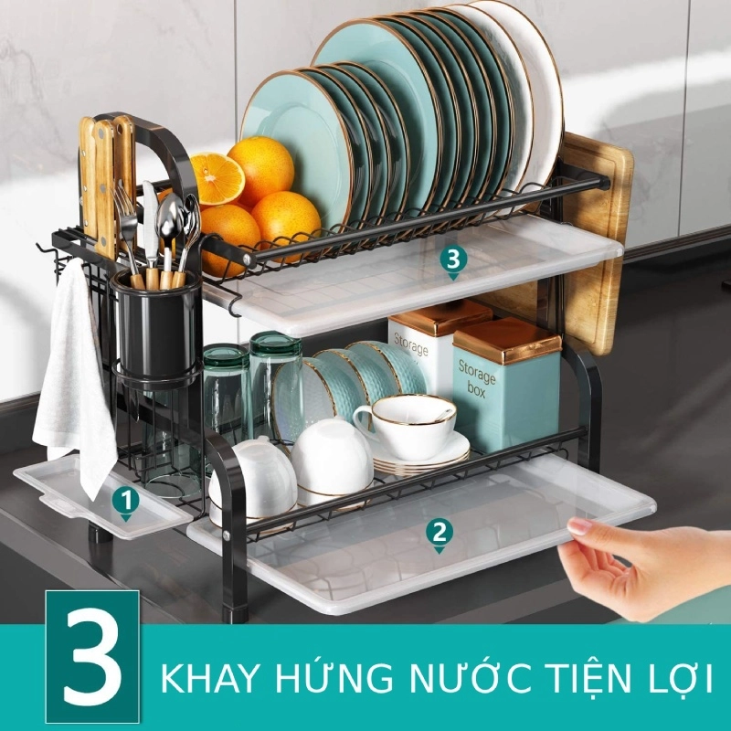 Giá sắt, kệ úp bát đĩa 2 tầng đa năng kèm giá để thớt úp vung xong nồi 4