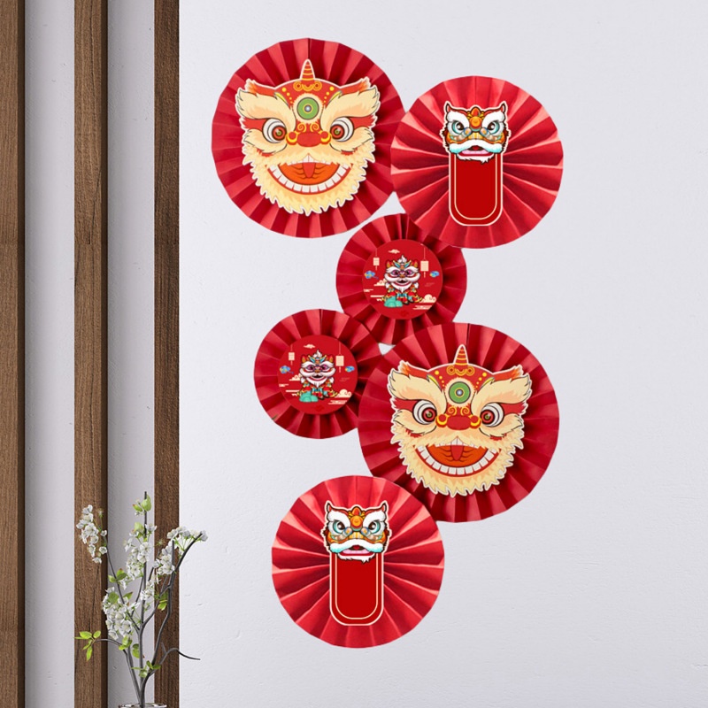 Set 6 Quạt Giấy Đỏ Hình Lân 4