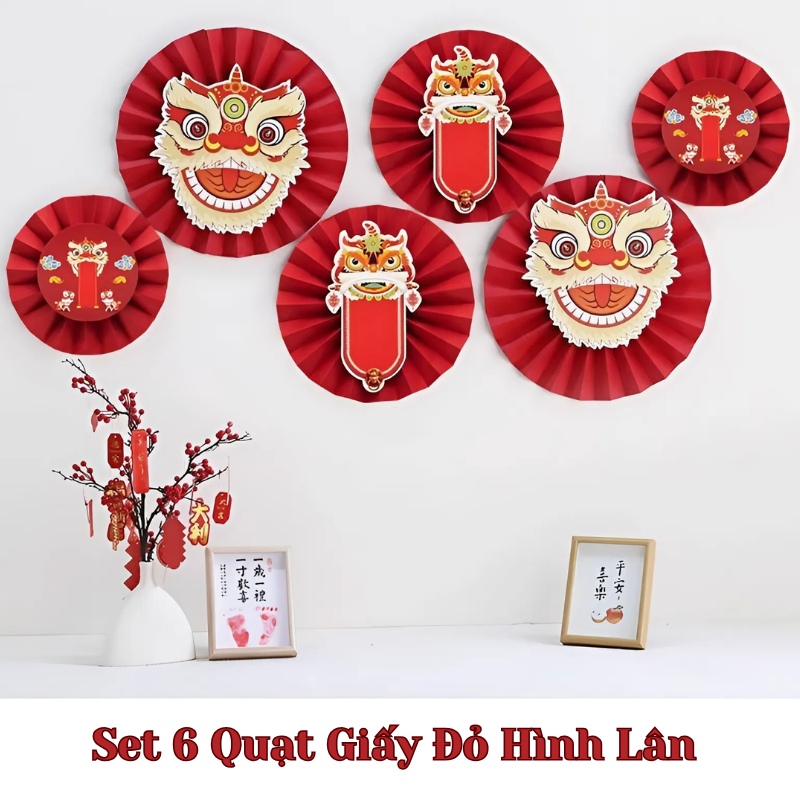 Set 6 Quạt Giấy Đỏ Hình Lân 5