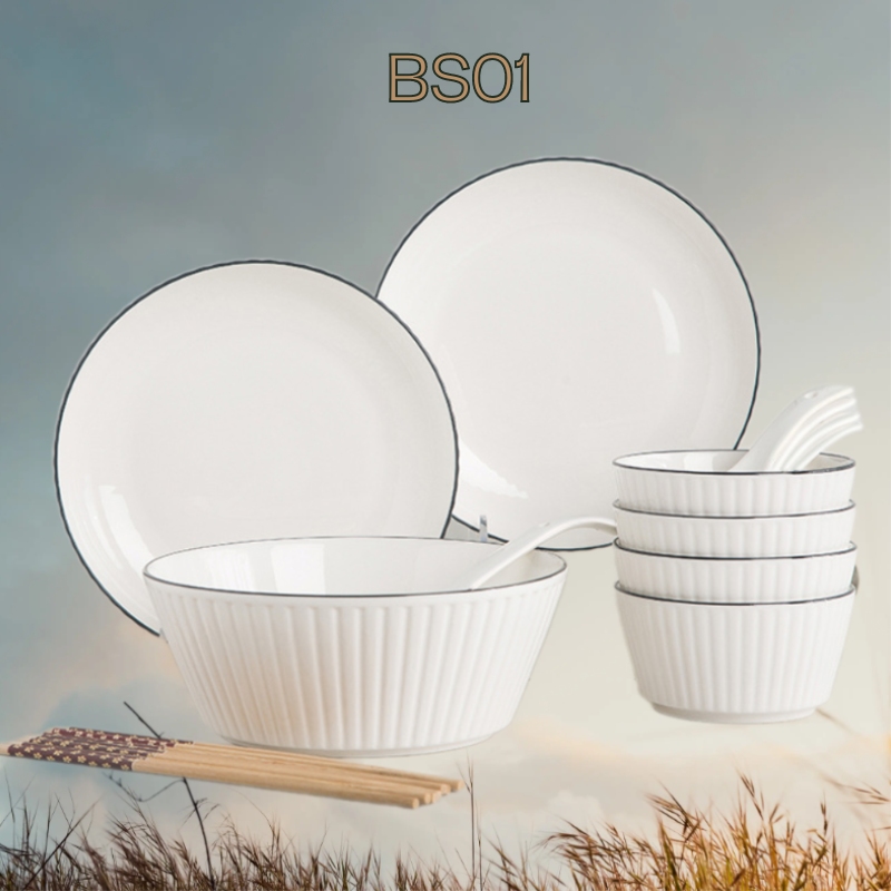 Bộ Bát Đĩa Sứ 16 Món Vân Sọc Màu Trắng Cao Cấp 5