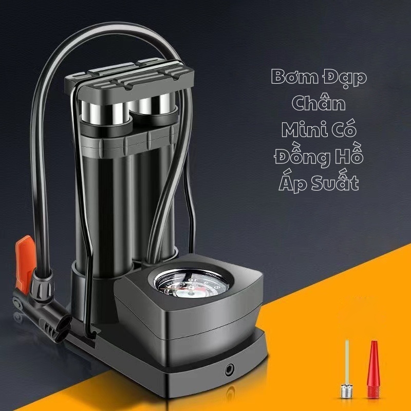 Bơm Đạp Chân Mini Đa Năng Có Đồng Hồ Đo Áp Suất 5