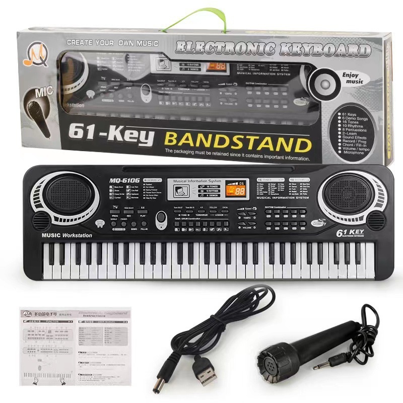 Đàn Piano Điện Tử 61 Phím Cho Bé Chơi Đàn Phát Triển Năng Khiếu Tặng Kèm Mic Cáp Sạc USB 4