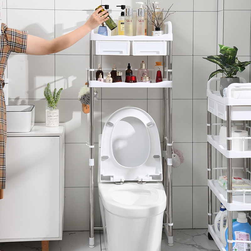 Kệ Inox 3 Tầng Có Ngăn Kéo Để Đồ Sau Bồn Cầu Tiết Kiệm Không Gian 5