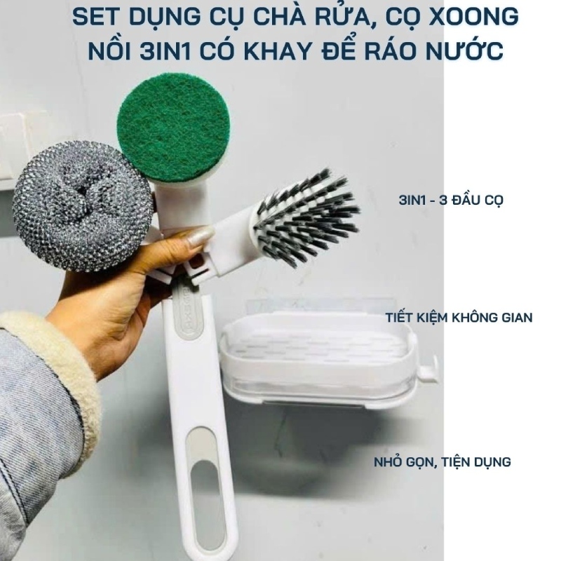 Set Dụng Cụ Chà Rửa Cọ Xoong Nồi 3in1 Có Khay Để Ráo Nước 4