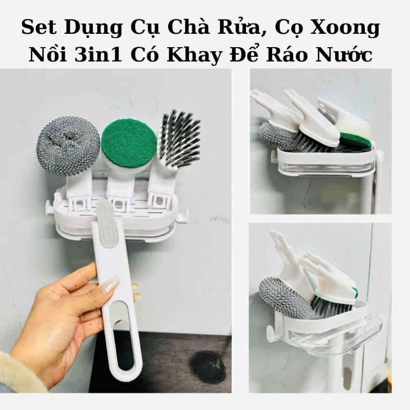 Set Dụng Cụ Chà Rửa Cọ Xoong Nồi 3in1 Có Khay Để Ráo Nước 5