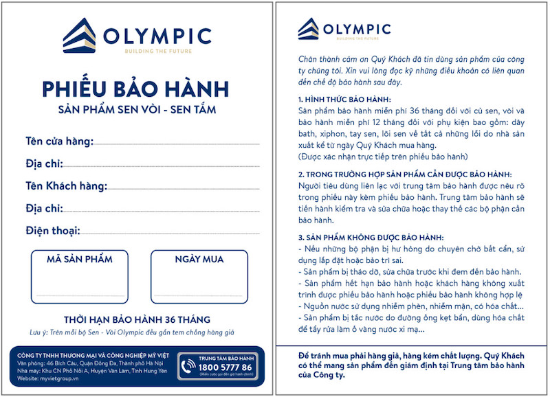 Phiếu bảo hành sản phẩm sen vòi - sen tắm Olympic