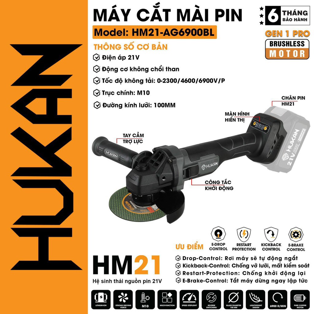 [HUKAN GEN 2] Thân máy mài pin HUKAN HM21 - AG6900BL Không chổi than 3 tốc độ