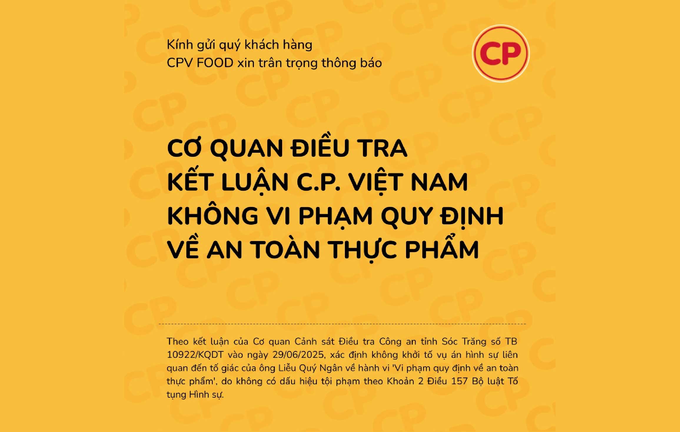 CƠ QUAN ĐIỀU TRA KẾT LUẬN C.P. VIỆT NAM KHÔNG VI PHẠM QUY ĐỊNH VỀ AN TOÀN THỰC PHẨM