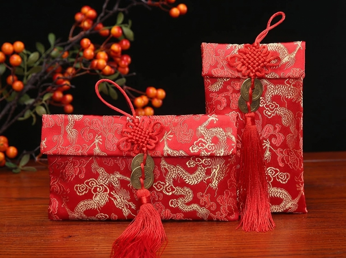 Bao lì xì đỏ đựng tiền may mắn đặt trong bình hút lộc