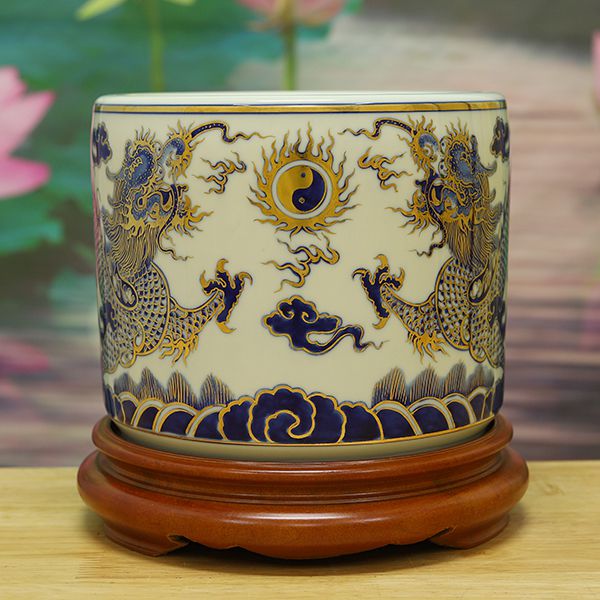 Bát Hương Men Lam Vẽ Vàng 24k - Gốm Sứ Bát Tràng - Phúc Lộc Viên Minh