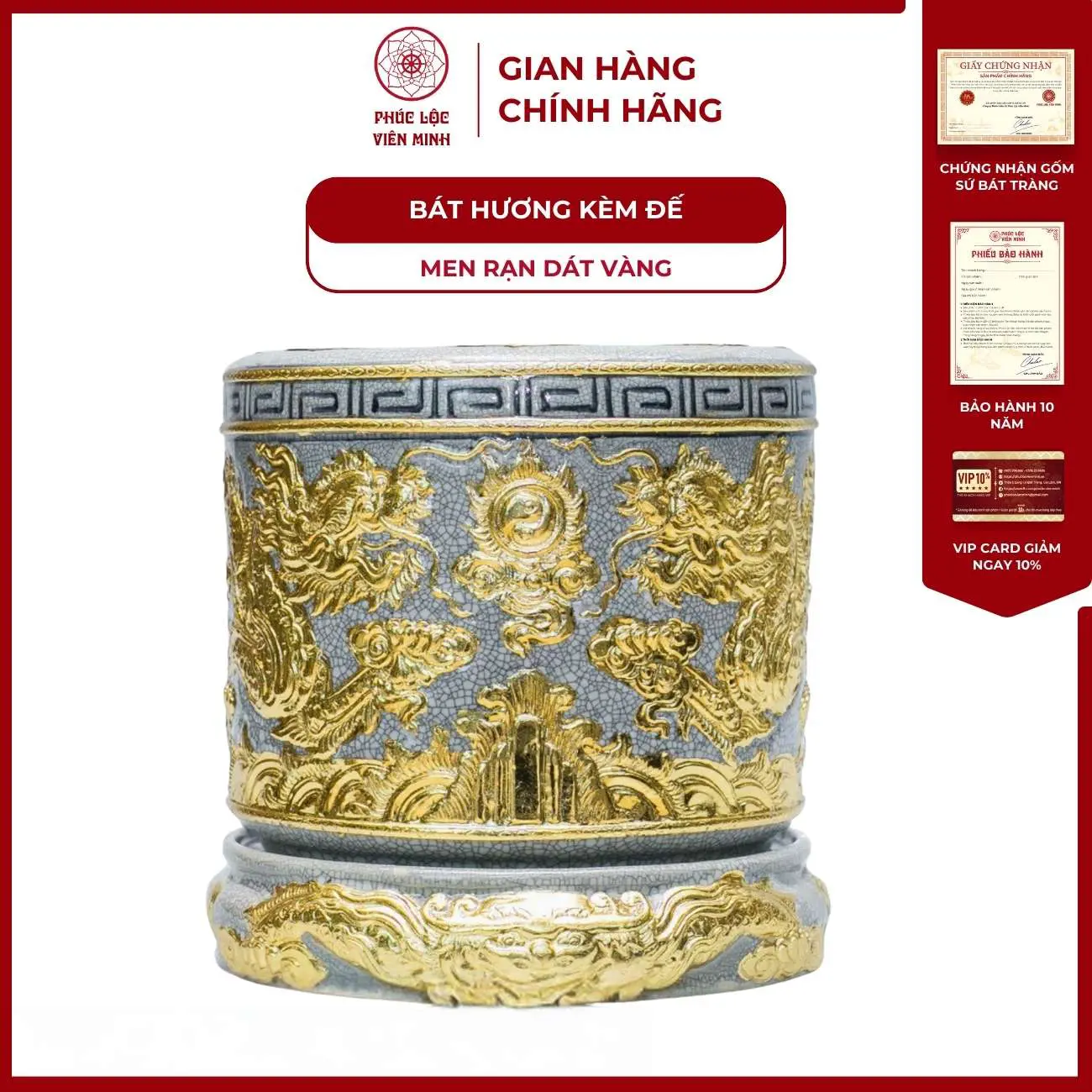 Bát Hương Song Long Chầu Nguyện Kèm Đế Men Rạn Dát Vàng Gốm Sứ Bát Tràng - Phúc Lộc Viên Minh