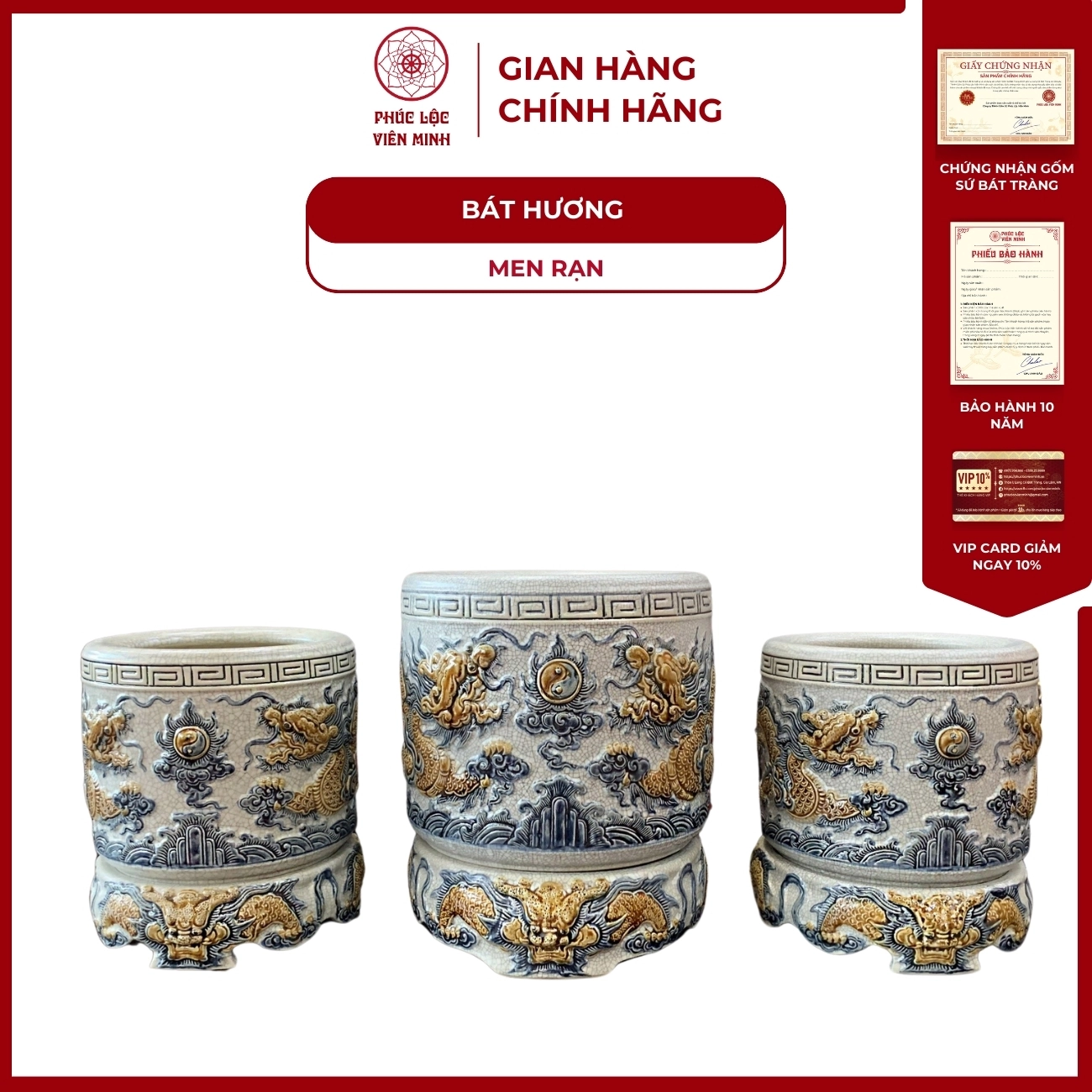 Bát Hương Song Long Chầu Nguyệt Men Rạn Gốm Sứ Bát Tràng - Phúc Lộc Viên Minh