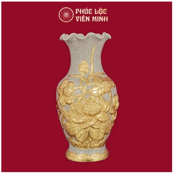 Bình Hoa Miệng Lượn Hoa Sen Dát Vàng Gốm Sứ Cao Cấp