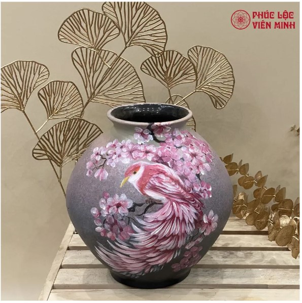 Bình Hoa Vẽ Tay Họa Tiết Chim Công Hoa Đào Gốm Sứ Bát Tràng