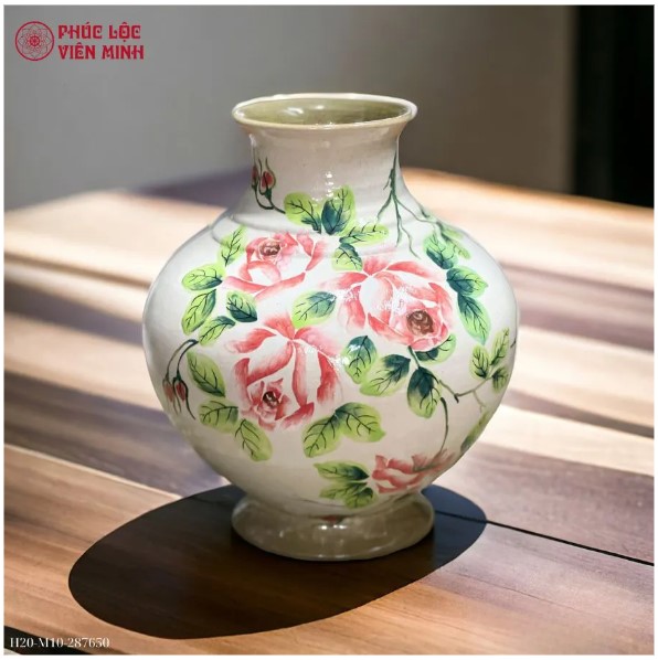 Bình Hoa Vẽ Tay Họa Tiết Hoa Hồng Gốm Sứ Bát Tràng