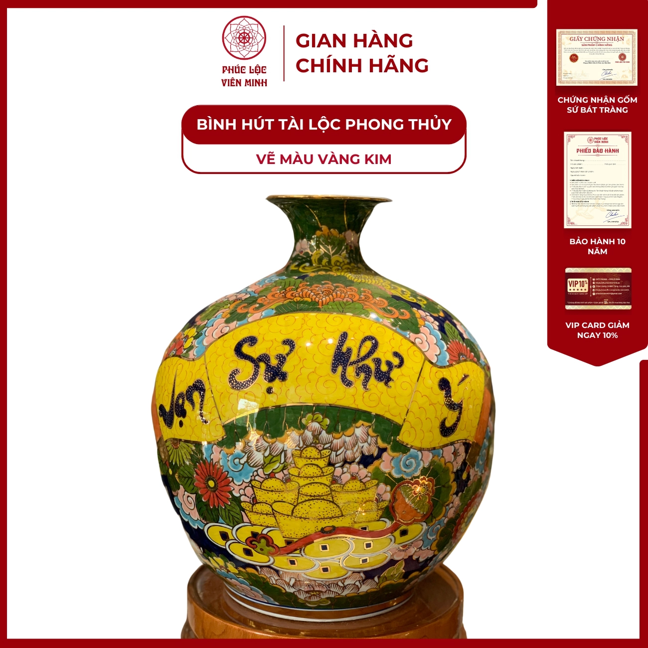 Bình Hút Lộc Đơn Cảnh Vẽ Màu Vàng Kim Gốm Sứ Bát Tràng - Phúc Lộc Viên Minh