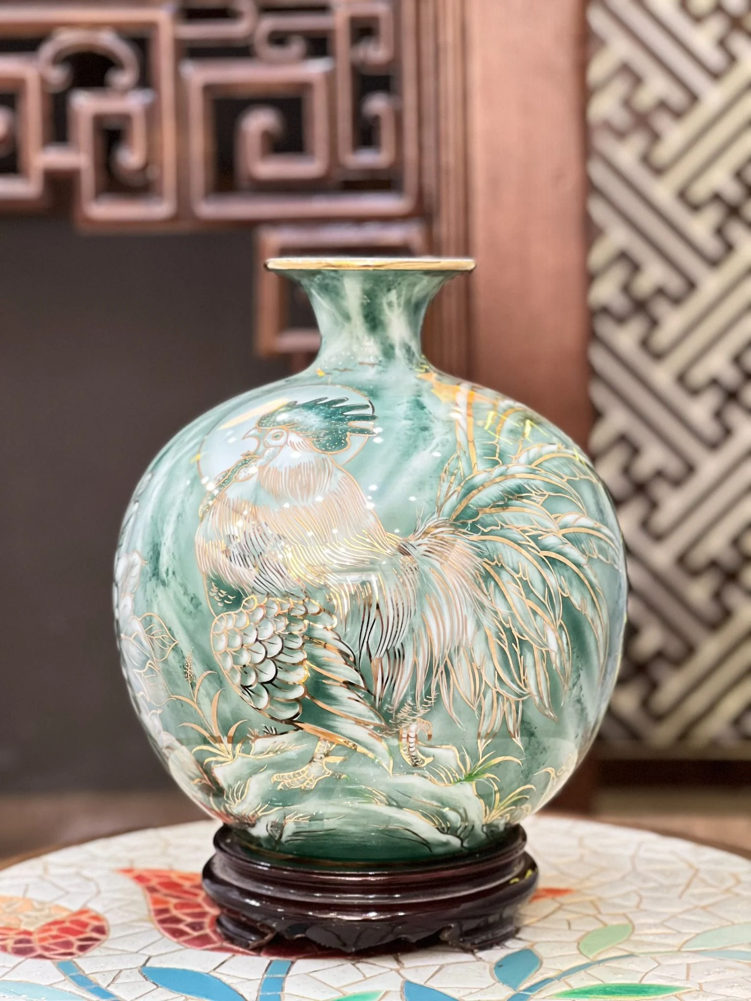 Bình Hút Lộc Kim Kê Đại Cát Vân Đá Xanh Lục - Gốm Sứ Phúc Lộc Viên Minh