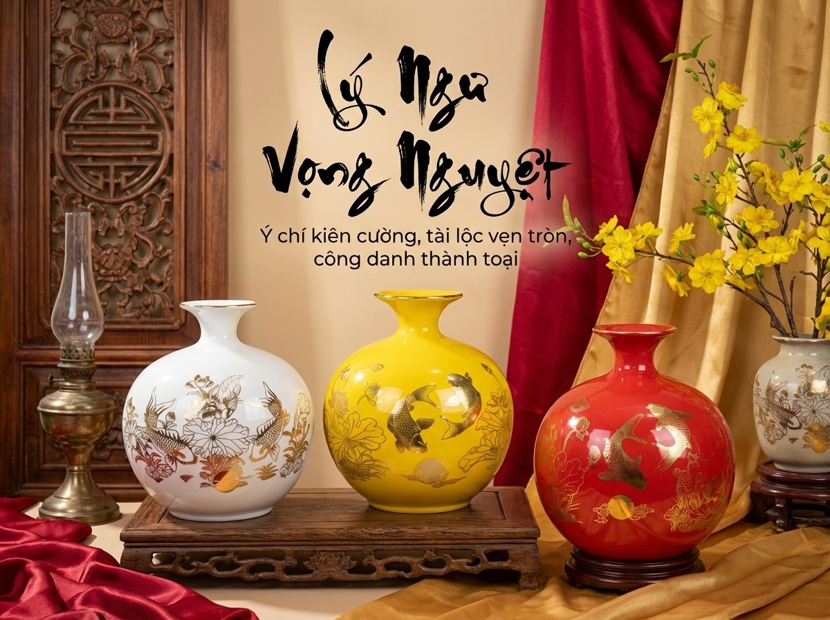 Bình Hút Lộc họa tiết Lý Ngư Vọng Nguyệt men lam Bát Tràng