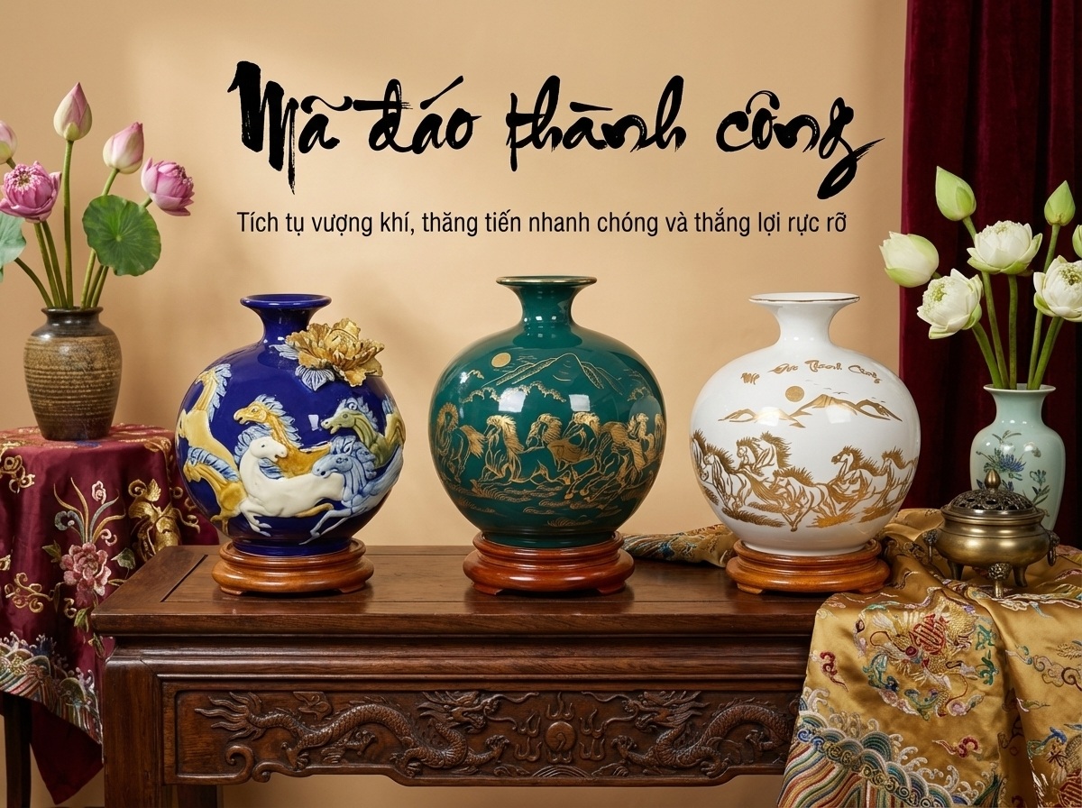 Bình Hút Lộc họa tiết Mã Đáo Thành Công phong cách men rạn cổ