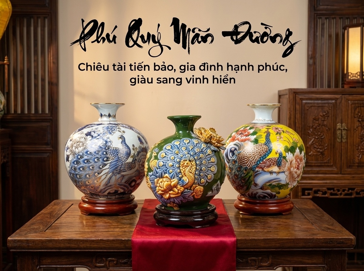 Bình Hút Lộc họa tiết Chim Công Phú Quý Mãn Đường đắp nổi