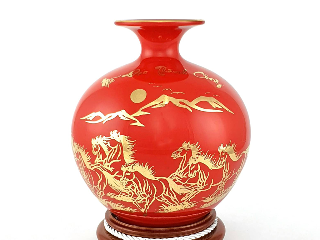 Bình Hút Tài Lộc Mã Đáo Thành Công Vẽ Vàng Men Huyết Dụ - Gốm Sứ Bát Tràng - Phúc Lộc Viên Minh