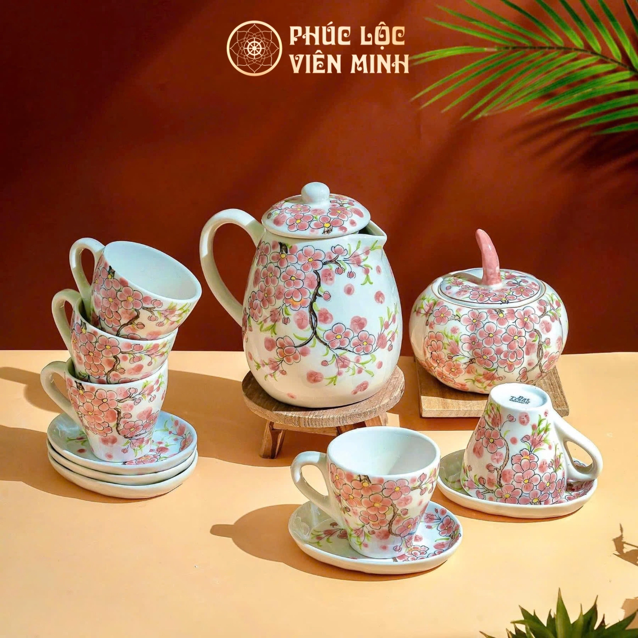 Bộ Ấm Chén Đào Hồng Gốm Sứ Bát Tràng - Phúc Lộc Viên Minh