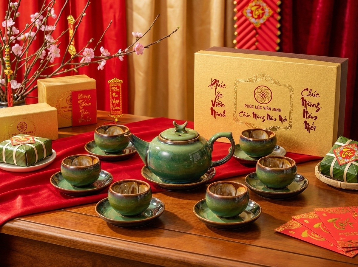 Bộ ấm chén men hỏa biến Bát Tràng quà tặng ý nghĩa