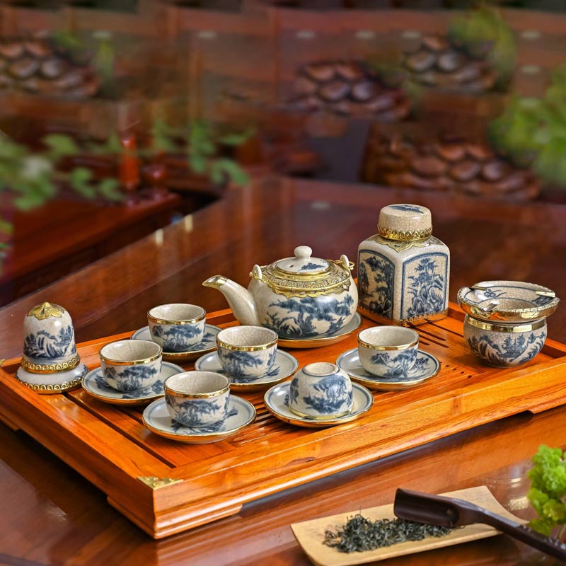 Bộ Ấm Chén Men Rạn Cổ Bát Tràng Bọc Đồng - Gốm Sứ Phúc Lộc Viên Minh