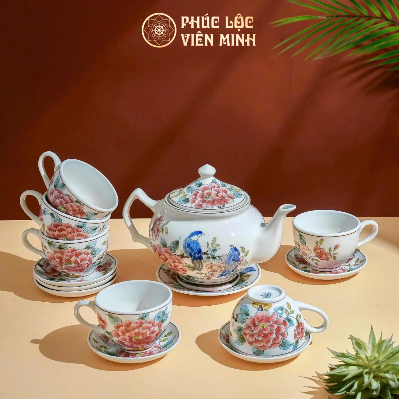 Bộ Ấm Chén Phù Dung Gốm Sứ Bát Tràng - Phúc Lộc Viên Minh