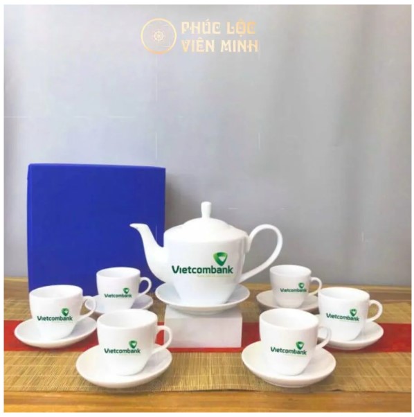 Bộ Ấm Chén Quà Tặng In Logo Vietcombank Gốm Sứ Bát Tràng