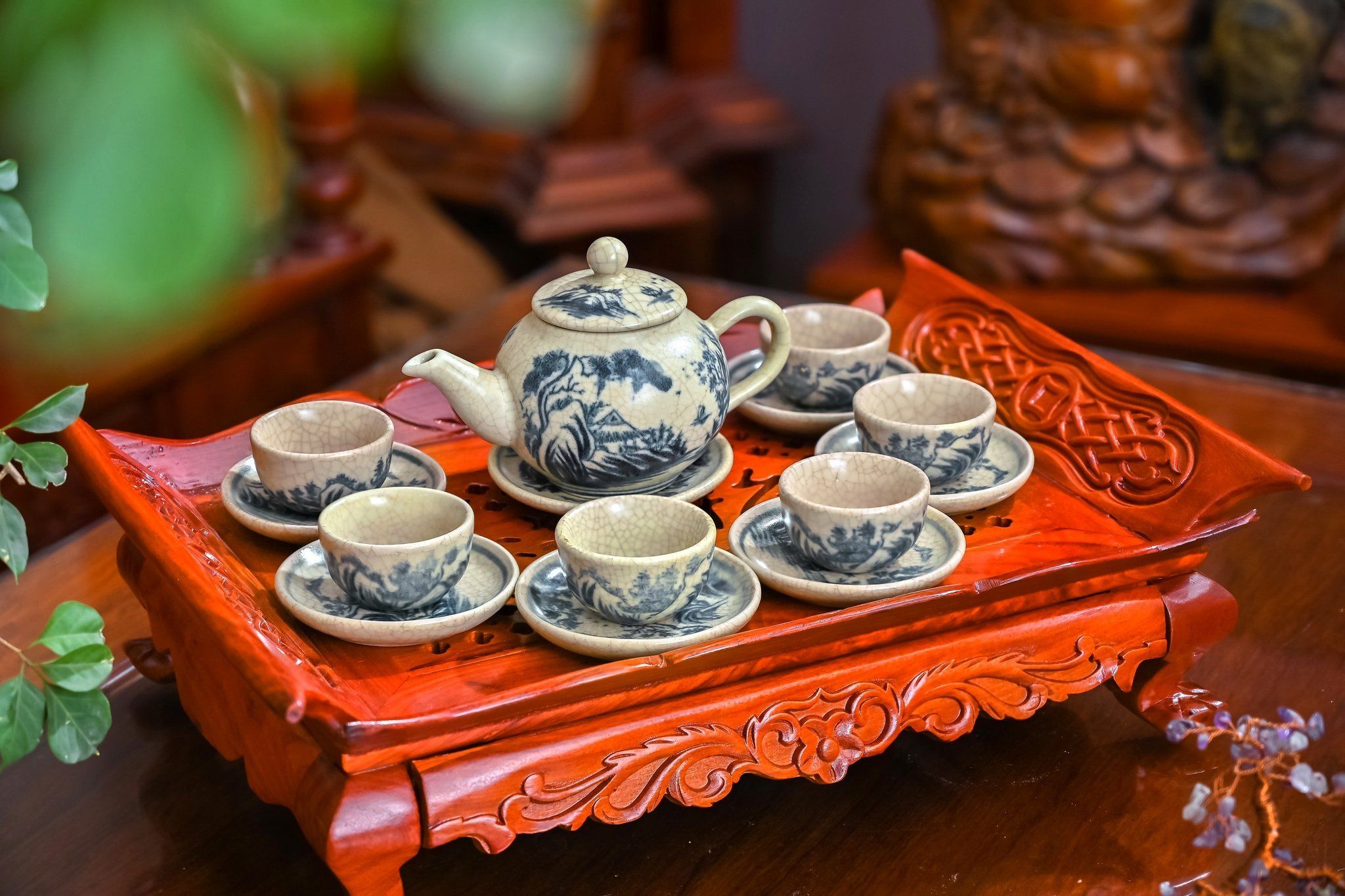 Bộ Ấm Chén Sơn Thuỷ Hữu Tình Gốm Sứ Bát Tràng - Phúc Lộc Viên Minh