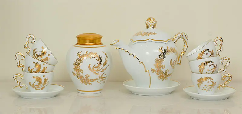 Bộ Ấm Trà Mạ Vàng Gốm Sứ Bát Tràng - Phúc Lộc Viên Minh
