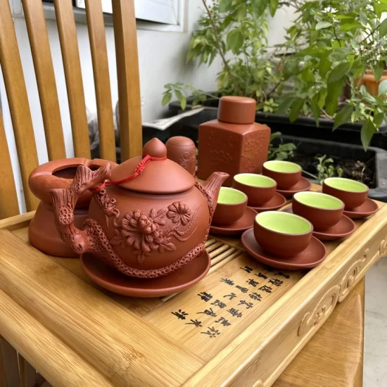 Bộ Ấm Trà Tử Sa Hoạ Tiết Hoa Phù Dung - Gốm Bát Tràng - Phúc Lộc Viên Minh